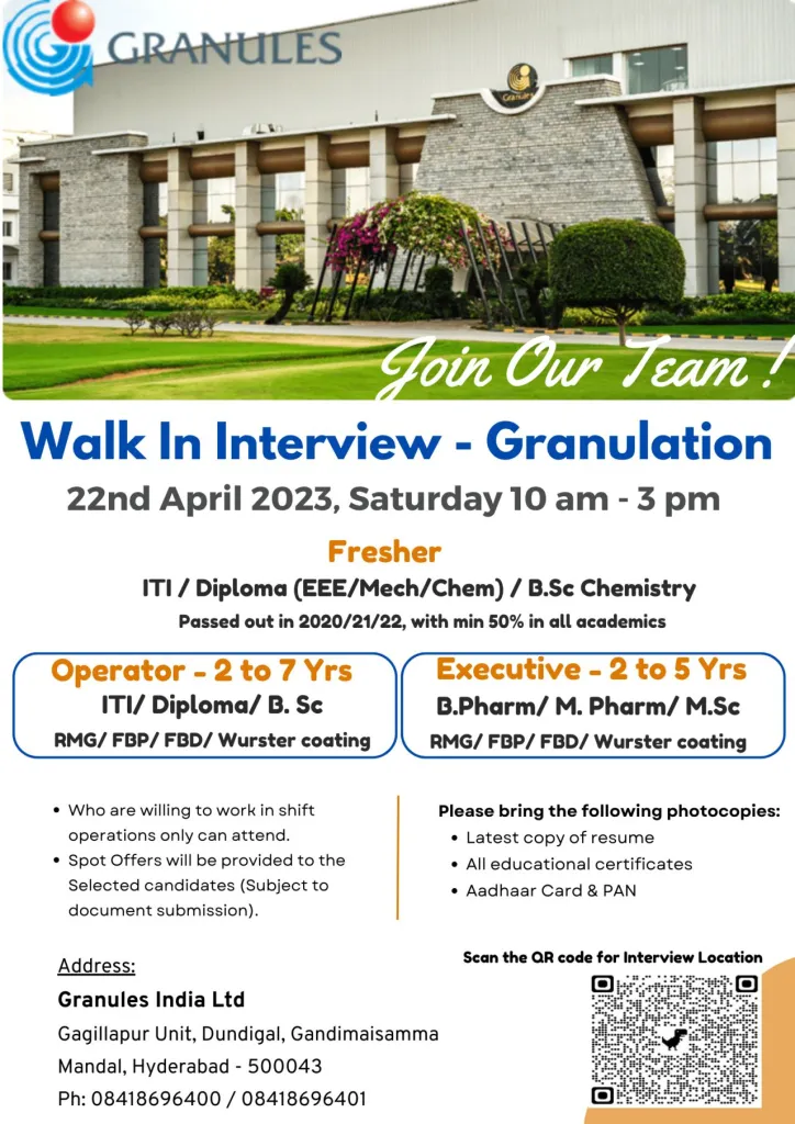 Granules India Ltd – Walk-Ins For B.Pharm, M.Pharm, B.Sc, M.Sc, ITI ...