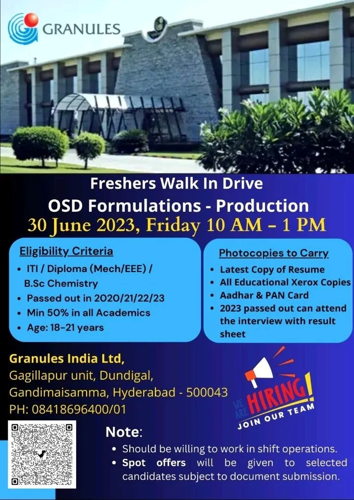 Granules India Limited – Walk-Ins For Freshers - Indian Jobs Zone